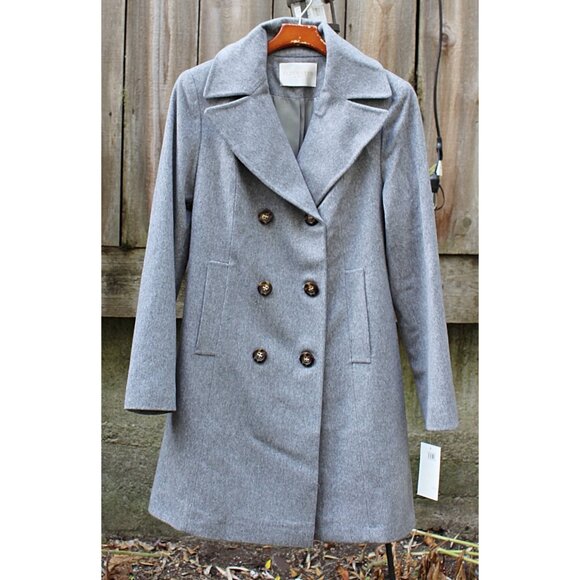 New w/Tags Fleurette Notch Collar Double Breasted Wool Coat in Grey Heather, 14 - Picture 2 of 14